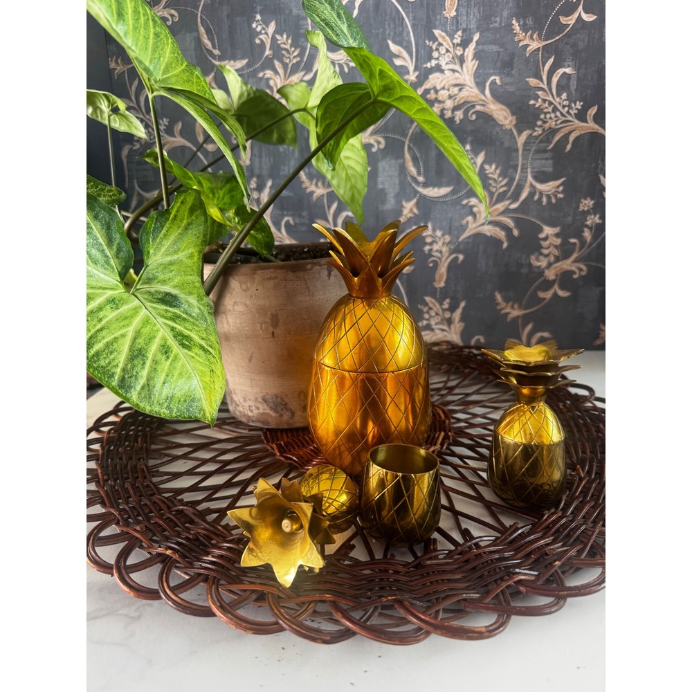 Vintage Brass Pineapple Set 3pc Hollywood Regency/Tiki Gold Barware Decor 7", 4"